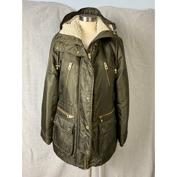 Guess Olive Sherpa Lined Hooded Parka Jacket Gold Zip Detail‎ Size XL - Picture 7 of 16